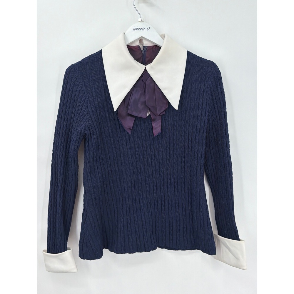 Vtg Navy Cable Knit Sweater White Contrast Oversize Collar Bow Wednesday Addams